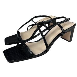 Schutz Black Faux Croc Square Toe Strappy Block Heeled Sandals 10